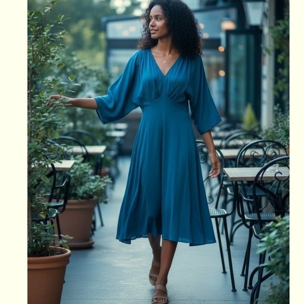 Strut & Bolt Satin Dress Open Back Flare Sleeve Midi Length Size Small NWT Boho